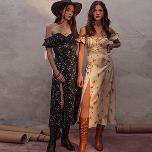 Floral puff sleeve dress off shoulder slit black sexy